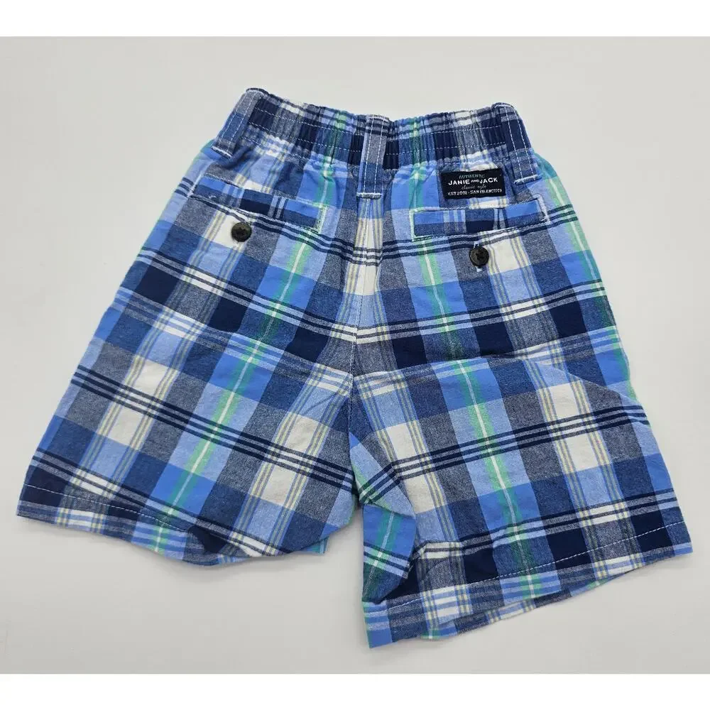Janie and Jack Boys Size 6-12M Blue and Gray Plaid T-Shirt and Shorts Outfit